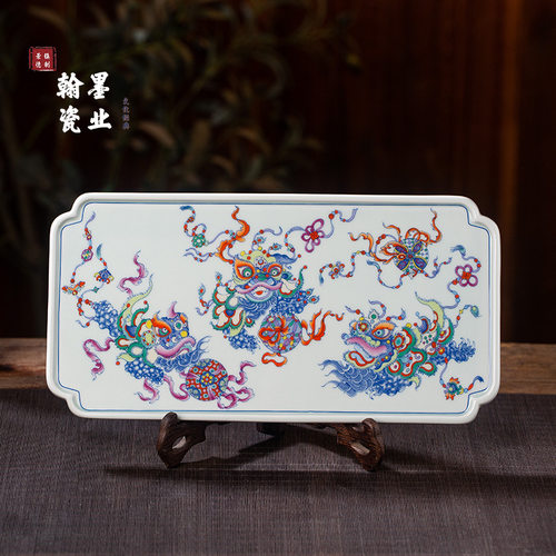 景德镇陶瓷仿古泥粉彩醒狮茶盘