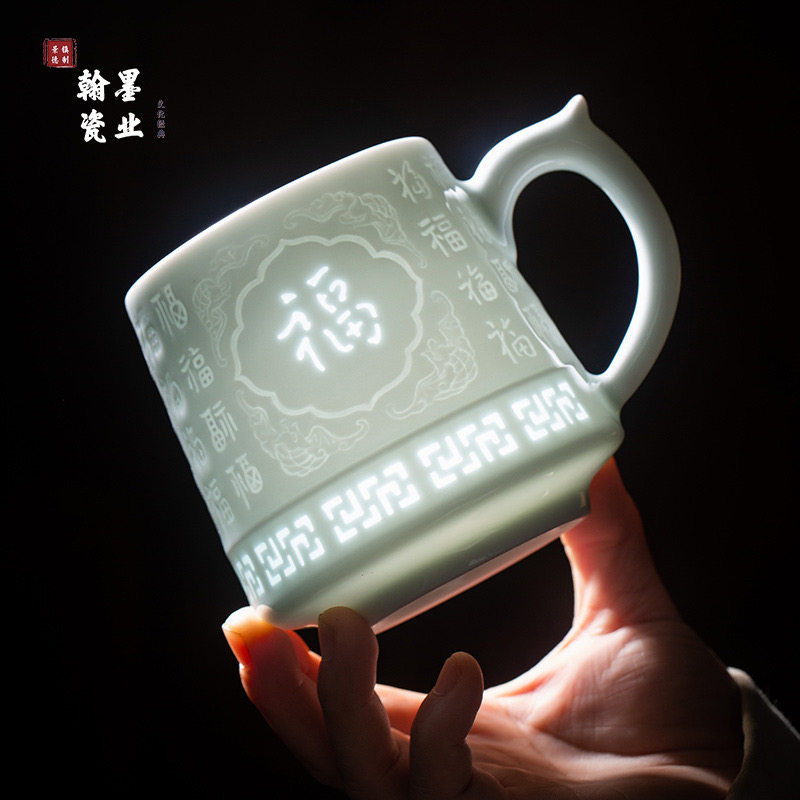 景德镇陶瓷仿古泥玲珑福字办公杯
