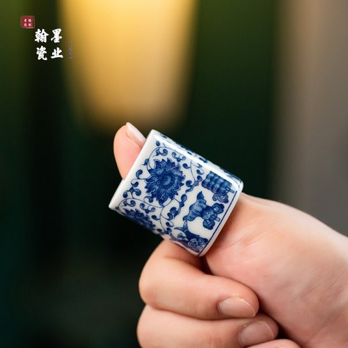 景德镇陶瓷仿古泥青花八宝扳指釉下彩复古盖置茶壶盖托茶道配件