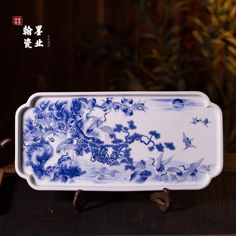 景德镇陶瓷青花仙鹤同春茶盘