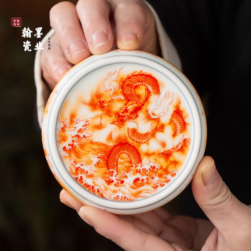 景德镇陶瓷仿古泥矾红龙纹盖置