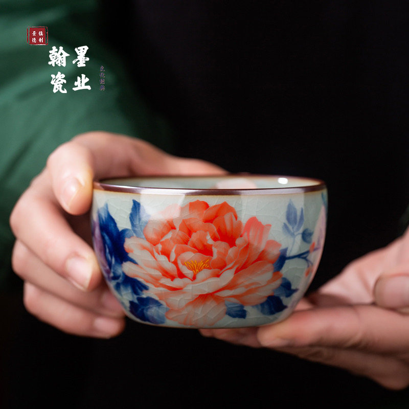 景德镇陶瓷老陶泥国色天香卧足杯家用个人专用主人杯中式茶杯单杯