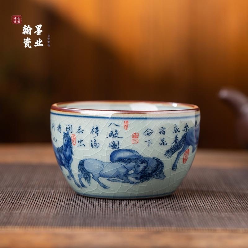 景德镇陶瓷老陶泥青花八骏图卧足杯家用个人专用主人杯中式茶杯