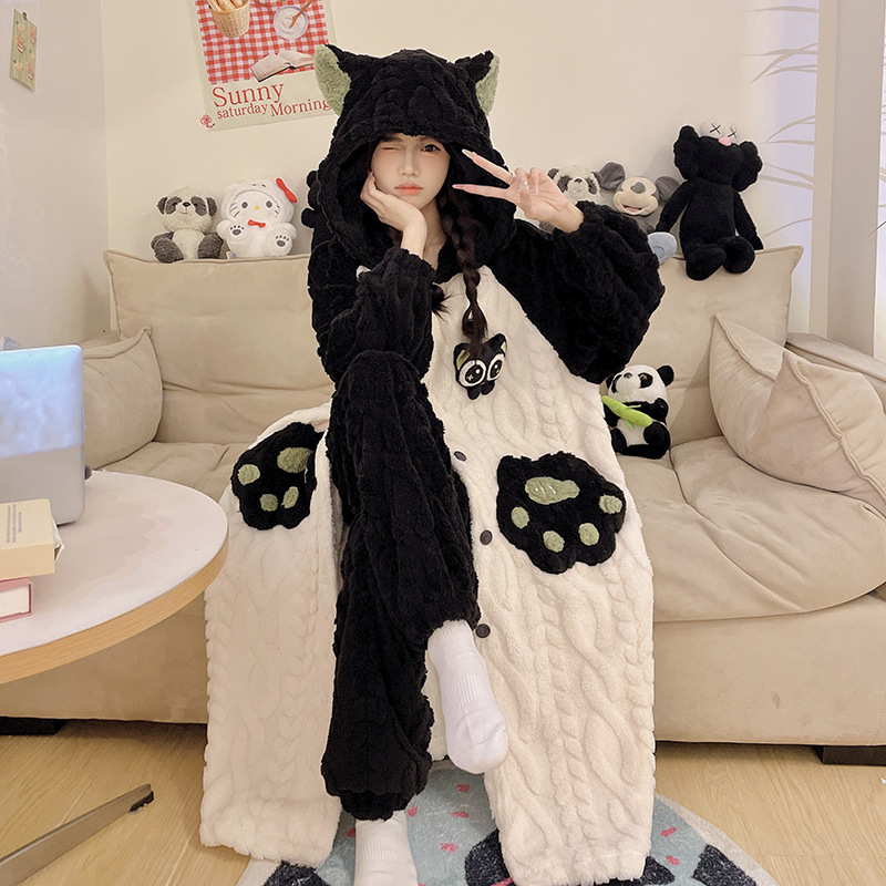 珊瑚绒睡衣女秋冬季加绒加厚长袍2025新款卡通连帽冬天家居服套装