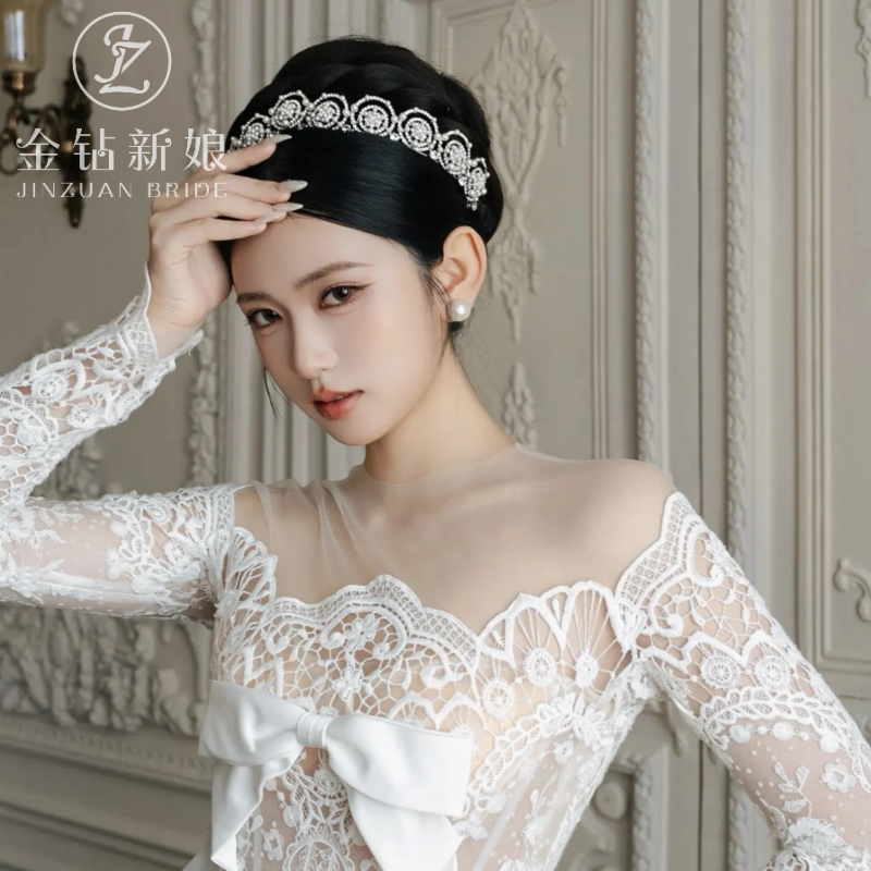 ETE新娘精致珍珠皇冠发箍白纱造型2025新款结婚订婚公主发冠配饰