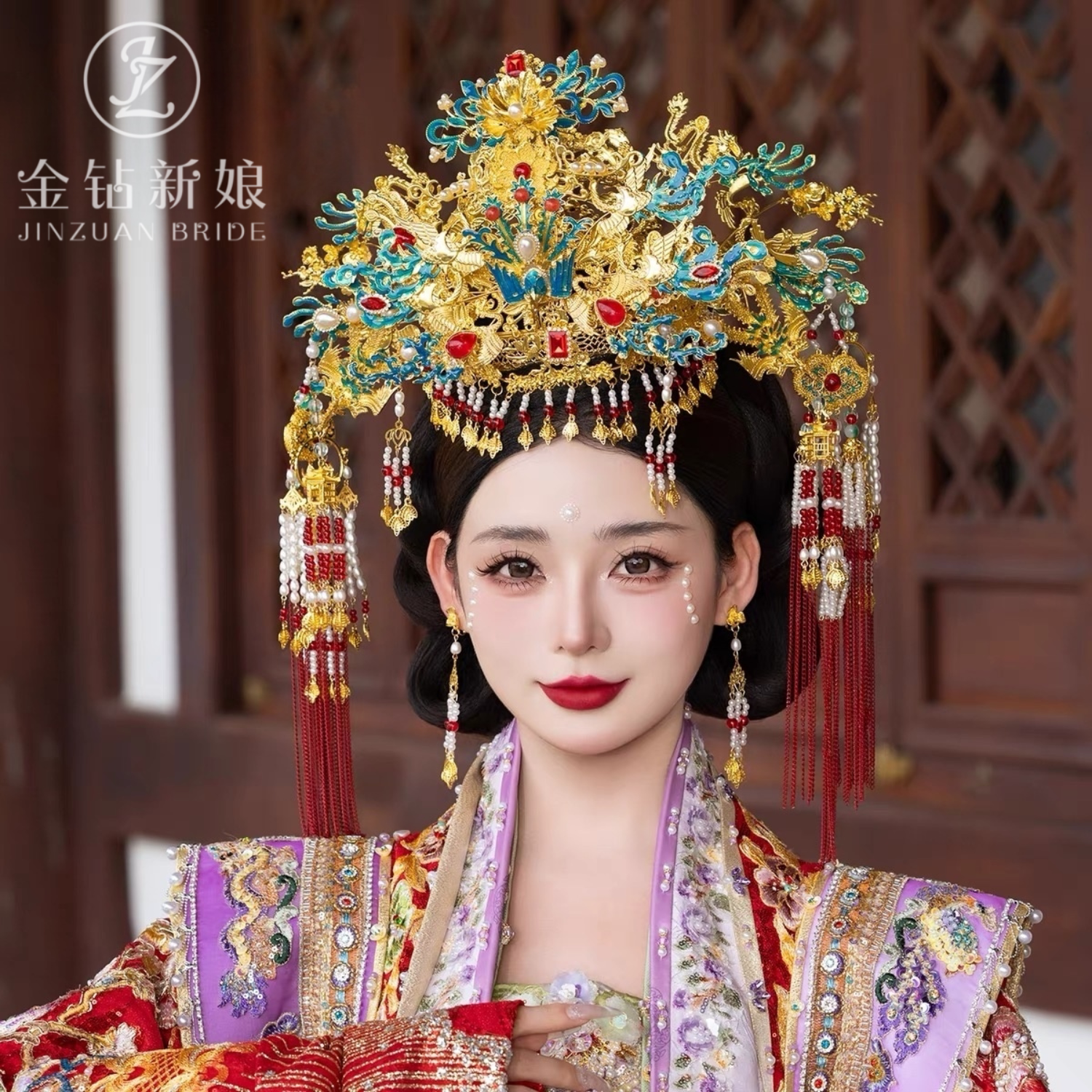 新款中式秀禾新娘景泰蓝流苏凤冠
