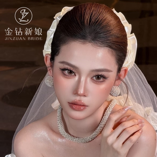 2026新款新娘头饰法式缎面发圈头纱发饰套装韩式婚礼跟妆造型配饰
