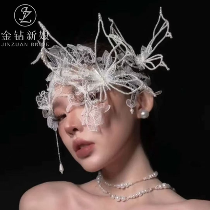金钻新娘饰品小众复古蕾丝珍珠蝴蝶头饰森系仙美摄影婚纱礼服配饰