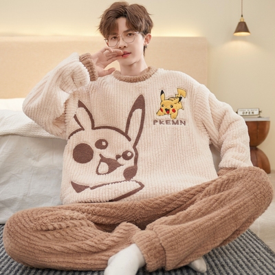 男士青少年珊瑚绒加厚加绒睡衣