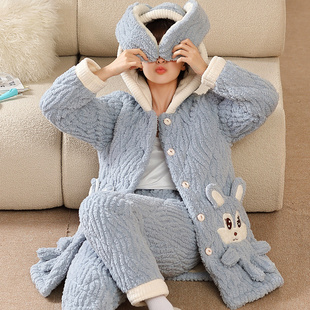 2025年新款睡衣冬季女珊瑚绒夹棉加厚加绒三层棉袄保暖家居服套装