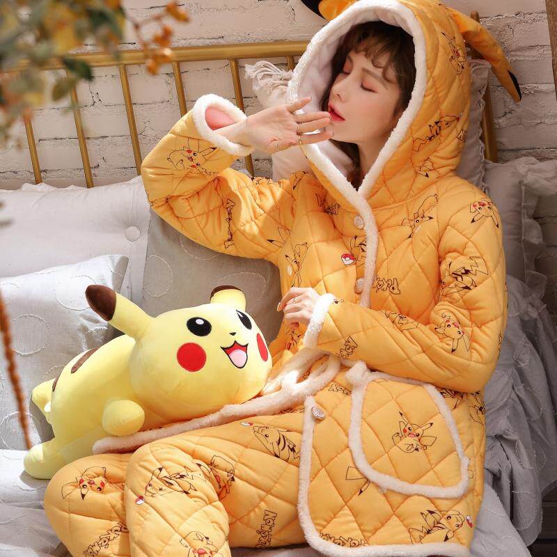 珊瑚绒夹棉睡衣女冬季三层加厚加绒卡通保暖女款家居服套装可外穿