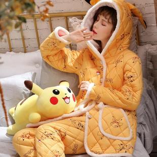 珊瑚绒夹棉睡衣女冬季三层加厚加绒卡通保暖女款家居服套装可外穿