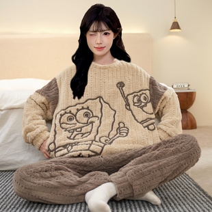 海绵宝宝睡衣女秋冬季珊瑚绒加厚加绒保暖加大码法兰绒家居服套装