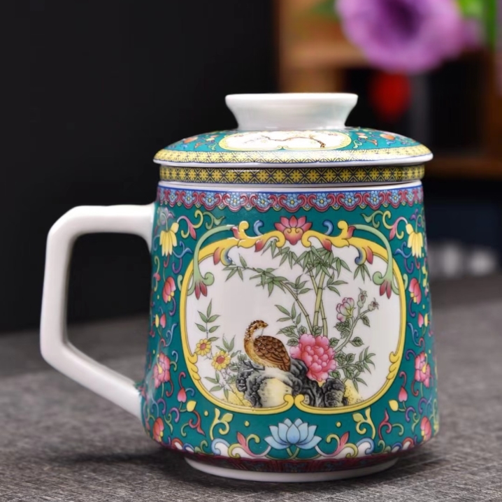 珐琅彩茶杯办公室泡茶杯高档陶瓷杯茶水分离带盖个人杯中式大容量