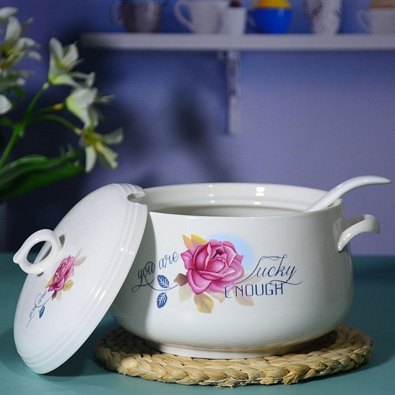 大号陶瓷猪油罐双耳耐高温带孔盖调味罐辣椒油罐可微波炉加热汤碗