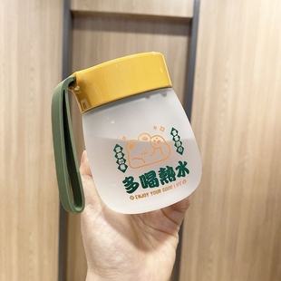 迷你小水杯玻璃杯磨砂耐热提绳杯子便携刻度可爱ins大肚学生女士