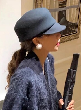 新款羊毛呢马术帽女秋冬鸭舌帽复古洋气时装毡帽报童帽八角帽名媛
