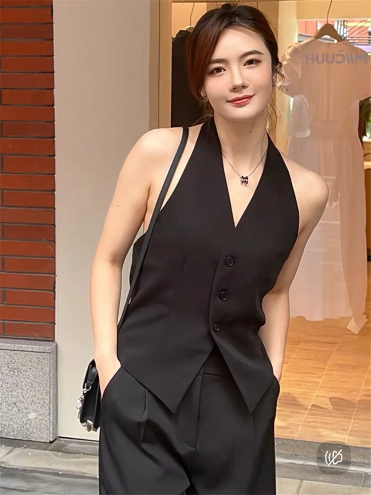 挂脖V领小西装马甲背心女夏季薄款外搭叠穿短款坎肩露背无袖上衣图片