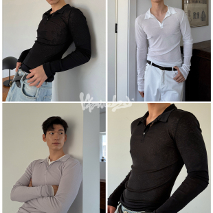 黑 weave 白 灰紫轻薄微透弹力肌理感性感修身 polo 长袖 现货