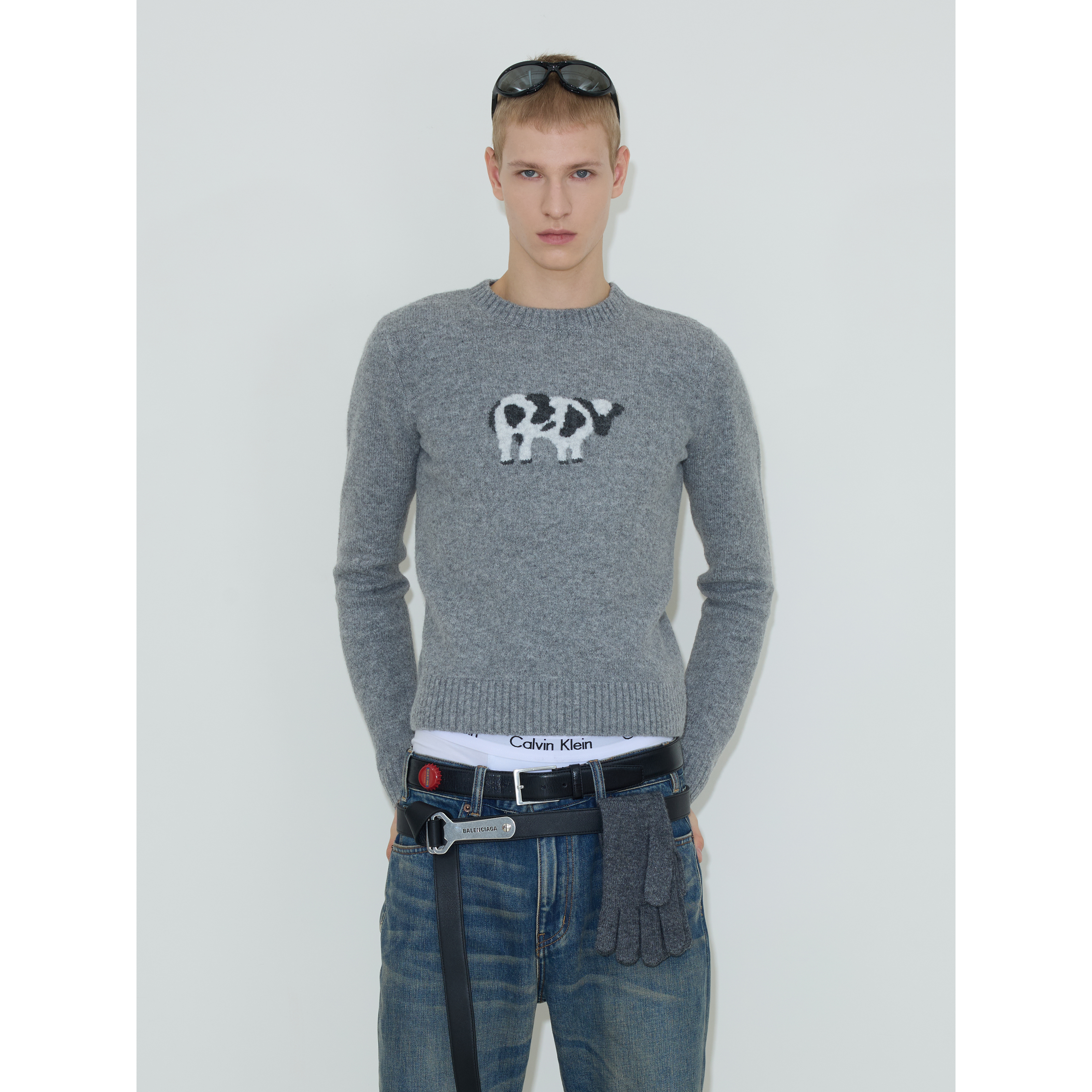 weave奶牛纹针织衫修身圆领毛衣