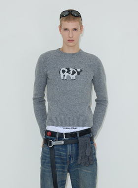 weave 慵懒冬日 灰色奶牛纹贴身柔软针织修身圆领毛衣细腻有质感