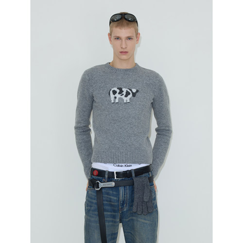 weave奶牛纹针织衫修身圆领毛衣