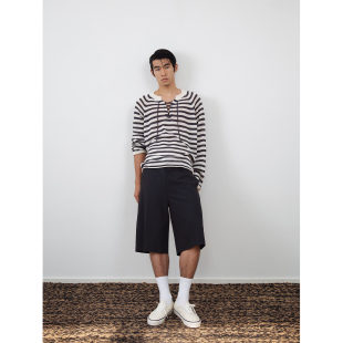 米白黑条纹亚麻绑带针织小众简约宽松V领长袖 weave 上衣 现货