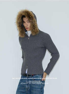 weave 时髦暖冬 灰色毛领连帽修身针织亲肤双头拉链开衫毛衣打底