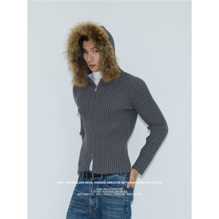 针织亲肤双头拉链开衫 灰色毛领连帽修身 weave 毛衣打底 现货