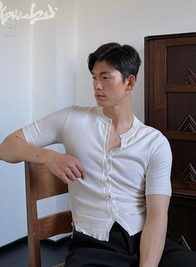 weave  优雅男主 米白圆领修身针织短袖 设计感上衣基础开衫高级
