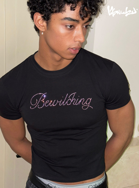 weave 迷人宝贝千禧烫钻百搭黑色弹力紧身小版型短袖T恤