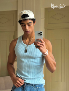 时髦弹力坑条背心无袖 清新蓝氛围低领修身 上衣 夏日调色盘 weave