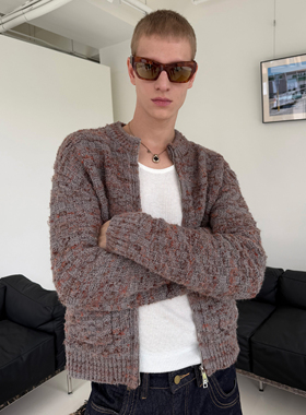 weave 英伦老钱 咖色羊毛混纺开衫毛衣外套撞色双头拉链针织衫男