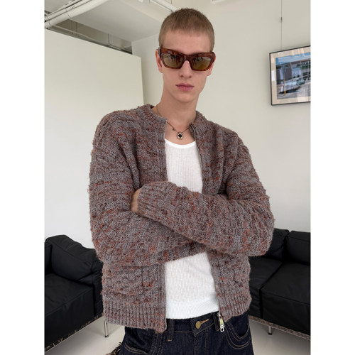 羊毛混纺开衫毛衣外套撞色双头