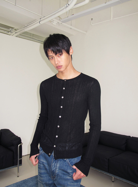 weave 黑色乱坑条镂空针织开衫男圆领早秋性感修身肌理薄外套