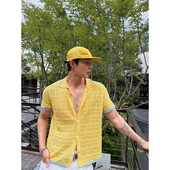 现货 weave 夏日度假黄蓝色镂空针织短袖 衬衫 100%莱赛尔上衣