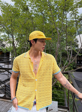 weave 耀眼的你 夏日度假黄蓝色镂空针织短袖衬衫100%莱赛尔上衣