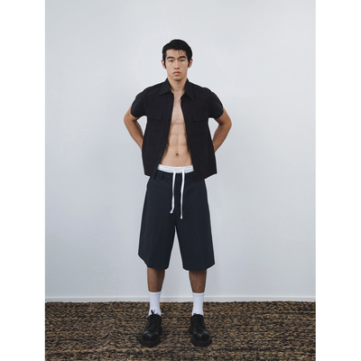 双腰黑灰色宽松七分短裤