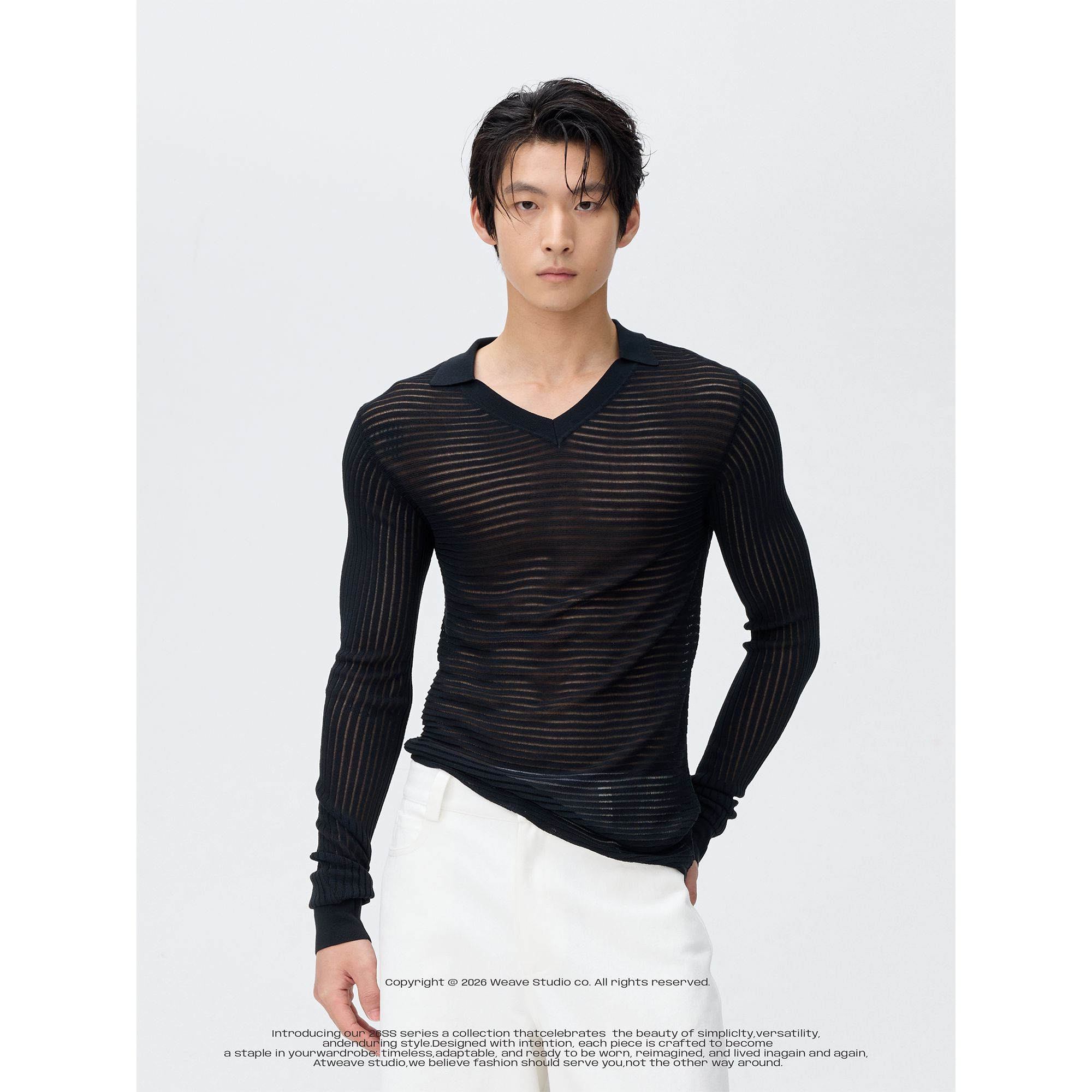 weave 墨绿/咖色镂空条纹透视毛衣男性感v领长袖凉感针织内搭打底