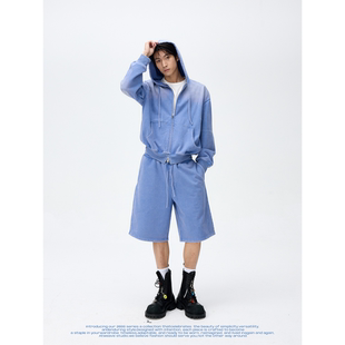 套装 weave 卫衣宽松直筒短裤 早春蓝色水洗连帽长袖 男女 清澈少年