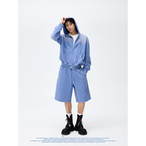 清澈少年早春蓝水洗卫衣短裤套装