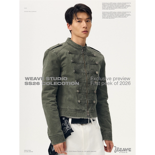 修身 军绿拿破仑宫廷摩登水洗短款 排扣夹克外套 复古vibe weave