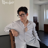 现货 weave日式 慵懒 黑白条纹松弛文艺小众质感宽松薄长袖 衬衫