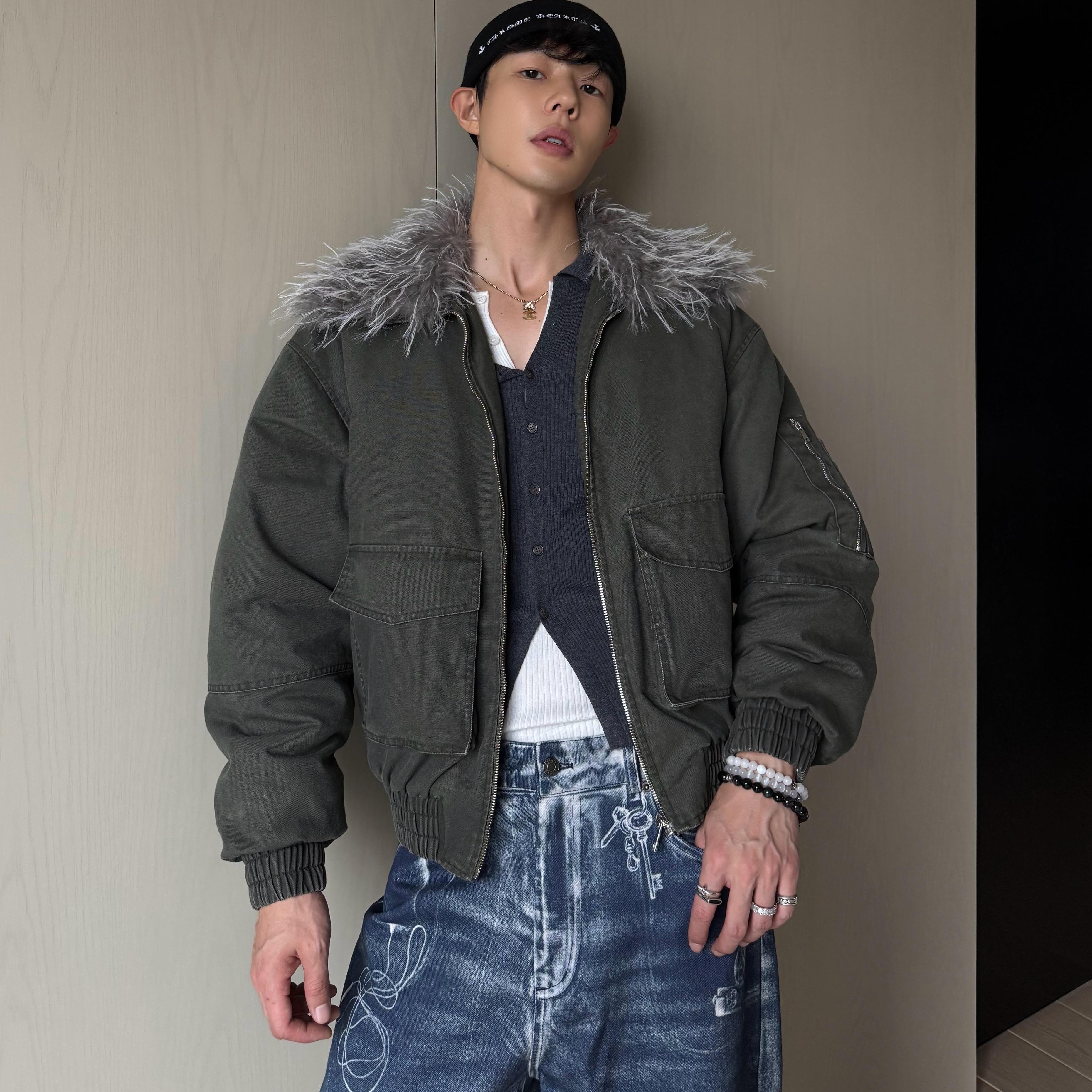 weave 复古派克服 军绿做旧毛领工装水洗宽松短款夹棉夹克外套