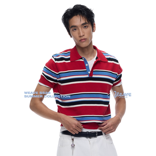美式复古撞色条纹纯棉Polo衫