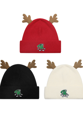 Ravenous联名圣诞R仔鹿角冷帽针织帽男女同款毛线帽子潮牌