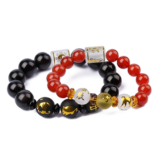 鼎风阁天然黑曜石龙鼠猴申子辰三合手链红玛瑙三合贵人手串女男