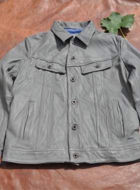 水洗石磨做旧纯牛皮夹克复古浅灰色真皮皮衣男风暴美式牛仔机车服