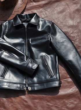 1.2mm穆赫兰道真皮植鞣蜡染茶芯头层马皮皮衣男机车咔叽1930夹克