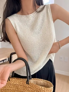 NRXJ簡約高級感冰絲亞麻交叉露背無袖 上衣女夏寬松氣質背心T恤